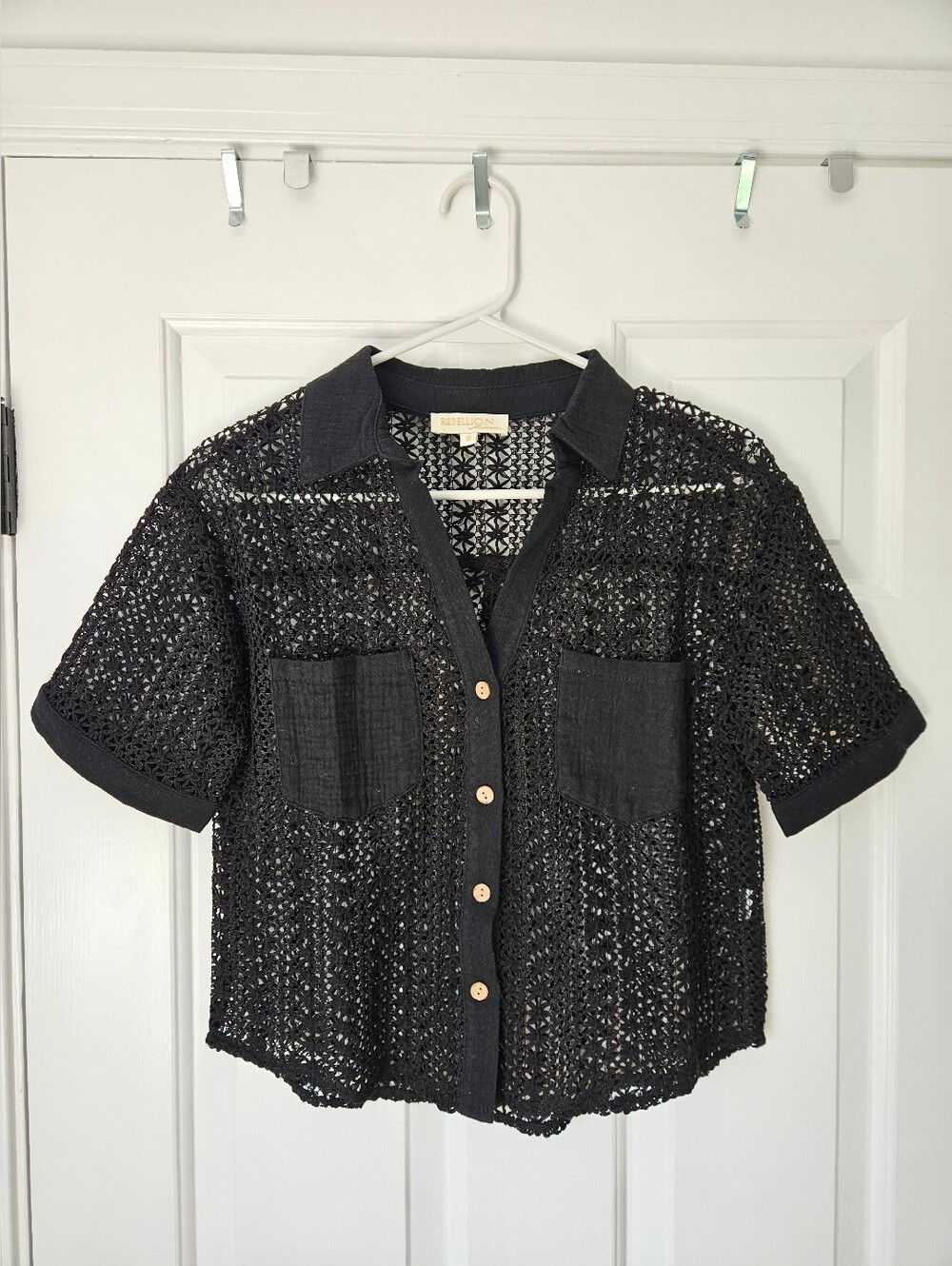 Rebellion Again | Black Crochet Short Sleeve Button Down | Size Small